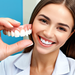 **Smiling woman showing perfectly aligned teeth after orthodontic treatment. Clean, modern dental clinic background.** (This visualizes the benefit of orthodontic treatment – a beautiful smile and healthy teeth.)