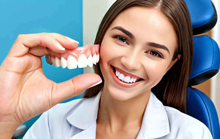**Smiling woman showing perfectly aligned teeth after orthodontic treatment. Clean, modern dental clinic background.** (This visualizes the benefit of orthodontic treatment – a beautiful smile and healthy teeth.)