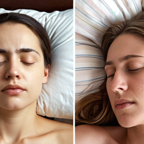 **

A split image showing two faces. On the left, a person sleeping on their side, cheek pressed against the pillow. On the right, the same person shown sleeping on their back. Illustration style. Text overlay: "Balanced Sleep = Balanced Face".

**
