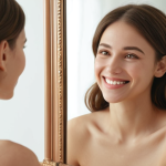 ** A woman looking in a mirror, confidently smiling. She's imagining her ideal self – slightly different features, but still clearly *her*. The background is soft and dreamy, representing aspirations. Focus: self-love and realistic expectations.

**