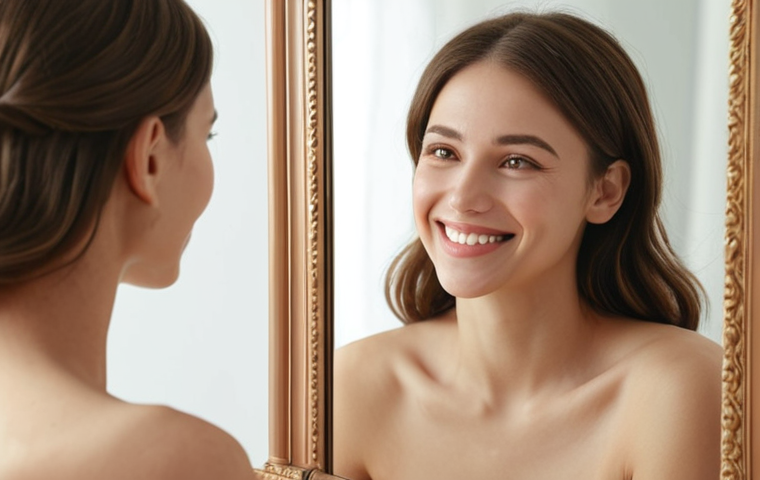 ** A woman looking in a mirror, confidently smiling. She's imagining her ideal self – slightly different features, but still clearly *her*. The background is soft and dreamy, representing aspirations. Focus: self-love and realistic expectations.

**