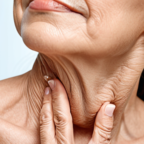 A close-up of a diverse woman's neck, subtly showing "tech neck" wrinkles and a slight double chin, with a modern HIFU or RF aesthetic device gently touching the skin. The background is a clean, bright clinic setting, implying subtle improvement and advanced non-surgical treatment for neck tightening and wrinkle reduction.