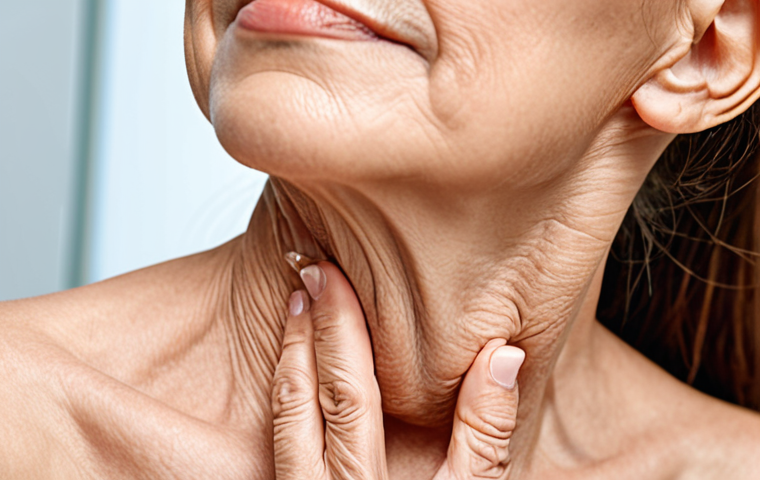 A close-up of a diverse woman's neck, subtly showing "tech neck" wrinkles and a slight double chin, with a modern HIFU or RF aesthetic device gently touching the skin. The background is a clean, bright clinic setting, implying subtle improvement and advanced non-surgical treatment for neck tightening and wrinkle reduction.