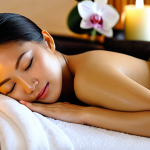 Serene Thai Woman in Spa Setting**

A beautiful Thai woman in her late 30s with radiant skin, receiving a facial treatment at a luxurious Thai spa. She is lying down comfortably, fully clothed in a traditional Thai spa wrap, eyes closed in relaxation. Soft, natural lighting. The spa background includes orchids, candles, and traditional Thai décor. Focus on healthy, glowing skin. High-resolution, professional photography, appropriate content, fully clothed, safe for work, modest.

**