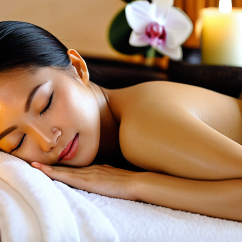 Home 20 Serene Thai Woman in Spa Setting**
A beautiful Thai woman in her late 30s with radiant skin, receiving a facial treatment at a luxurious Thai spa. She is lying down comfortably, fully clothed in a traditional Thai spa wrap, eyes closed in relaxation. Soft, natural lighting. The spa background includes orchids, candles, and traditional Thai décor. Focus on healthy, glowing skin. High-resolution, professional photography, appropriate content, fully clothed, safe for work, modest.
**