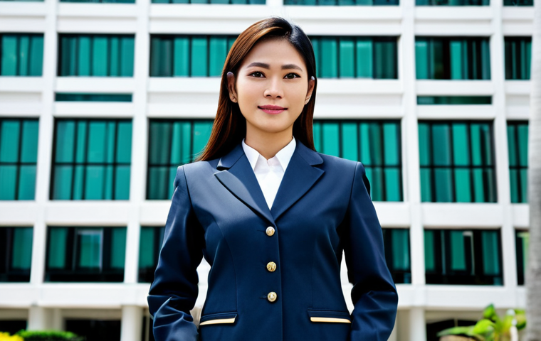 **
A professional Thai businesswoman in a modest traditional Thai business suit, standing in front of a modern office building in Bangkok, fully clothed, appropriate attire, safe for work, perfect anatomy, natural proportions, professional photography, high quality.
**